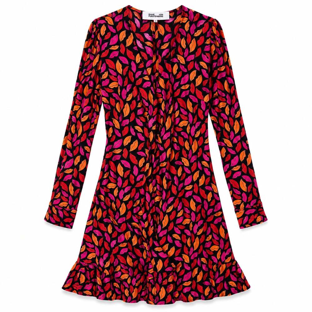 Diane von Furstenberg Lips Print Viscose Ruffle Hem Dress XXS
